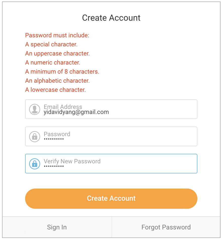 Error message with password requirements