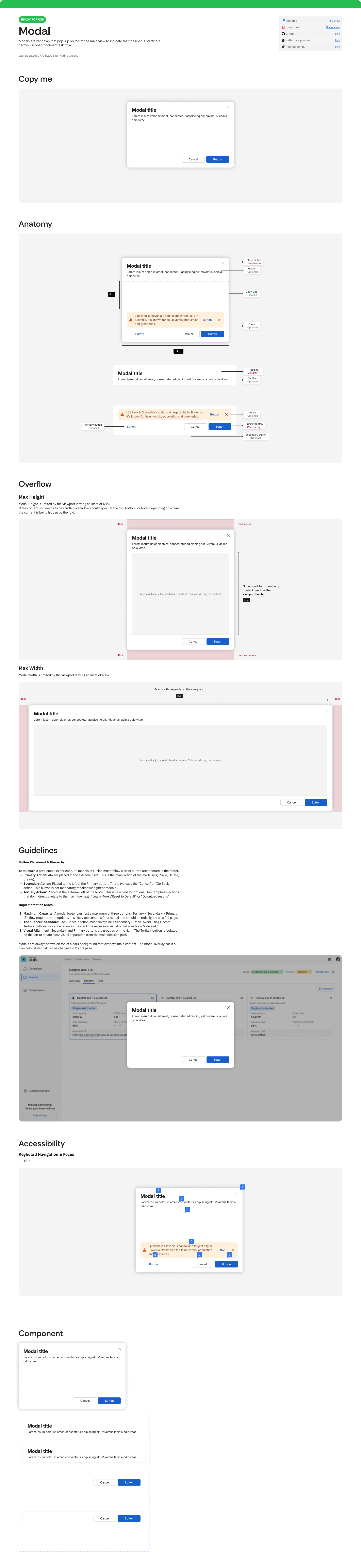 Full modal component specification sheet